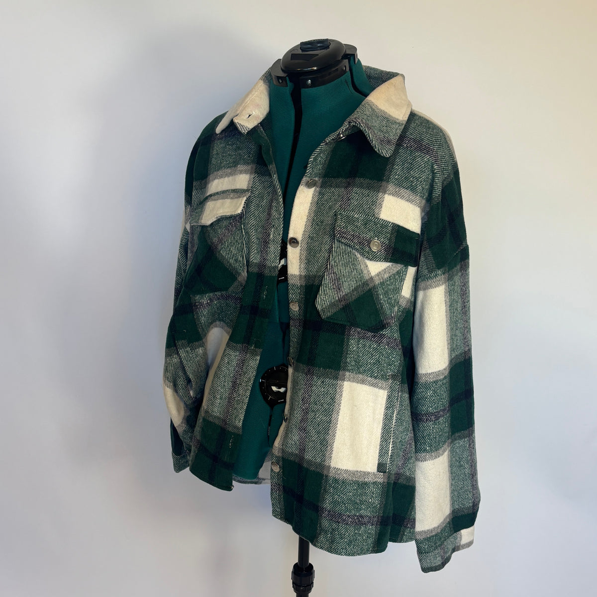 Green and White Heavyweight Plaid Flannel Shacket