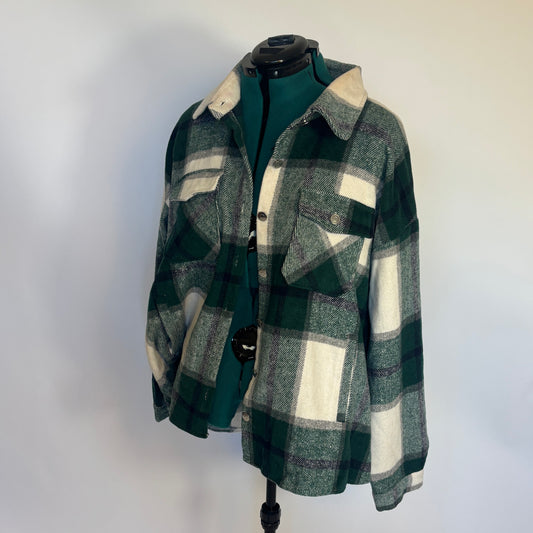 Green and White Heavyweight Plaid Flannel Shacket