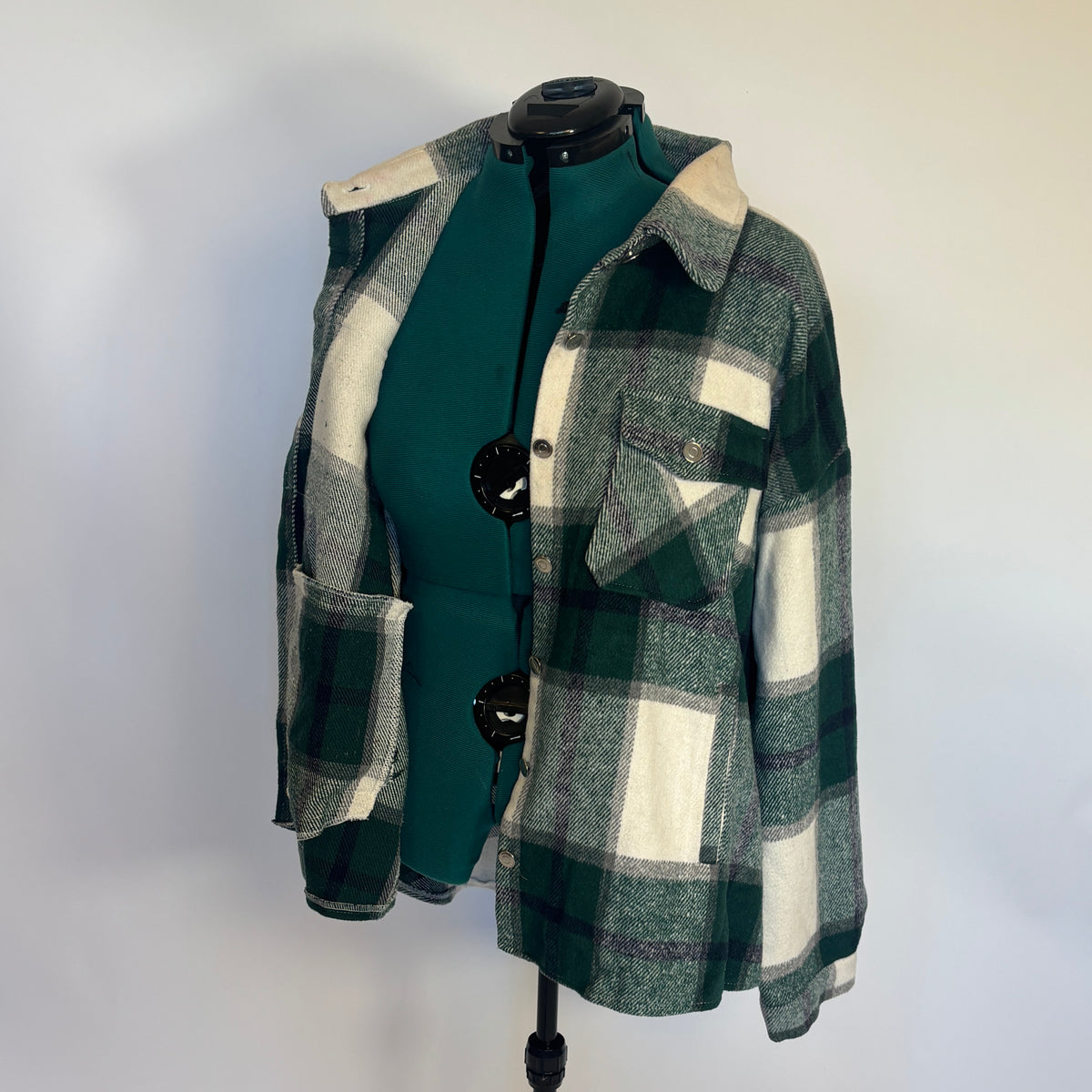 Green and White Heavyweight Plaid Flannel Shacket