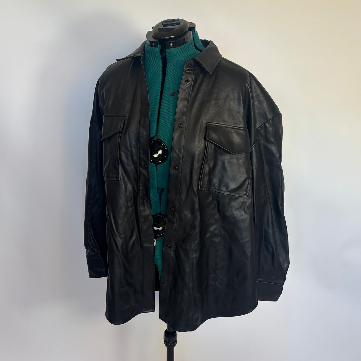 Black Faux Leather Button Front Shacket