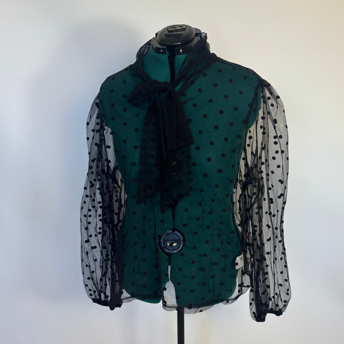 Black Mesh Blouse with Puff Sleeves and Bow Detail