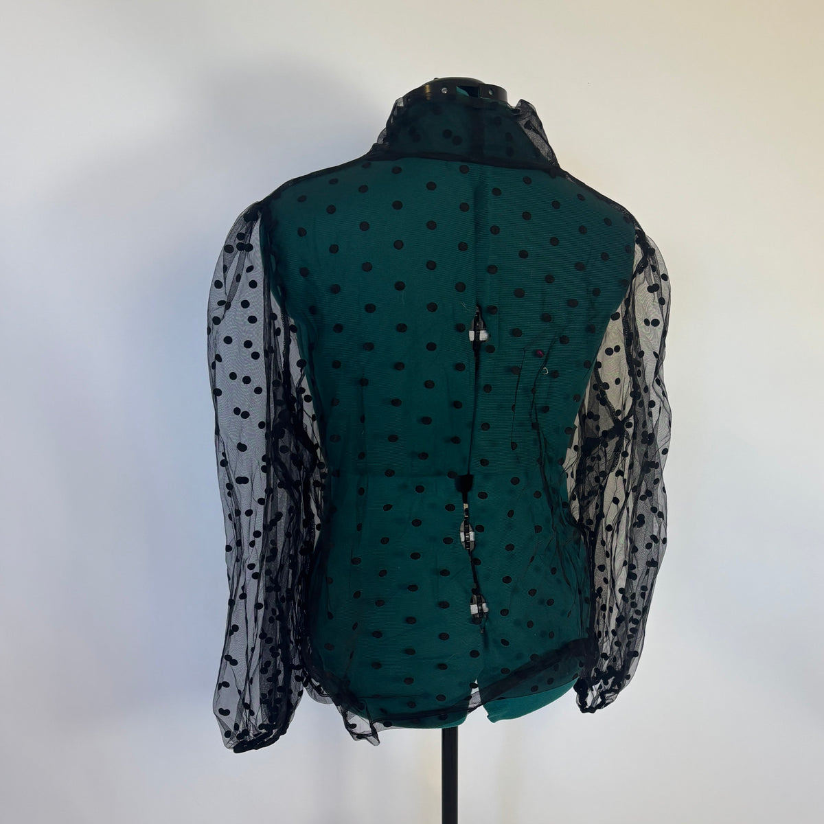 Black Mesh Blouse with Puff Sleeves and Bow Detail