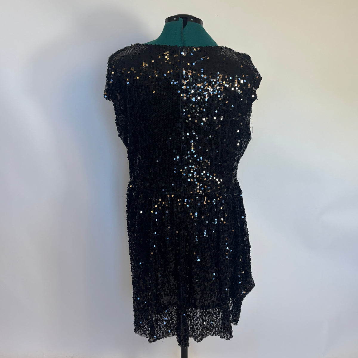 Black Sequin Fit and Flare Cap Sleeve Dress