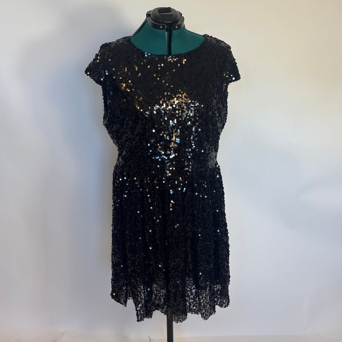 Black Sequin Fit and Flare Cap Sleeve Dress