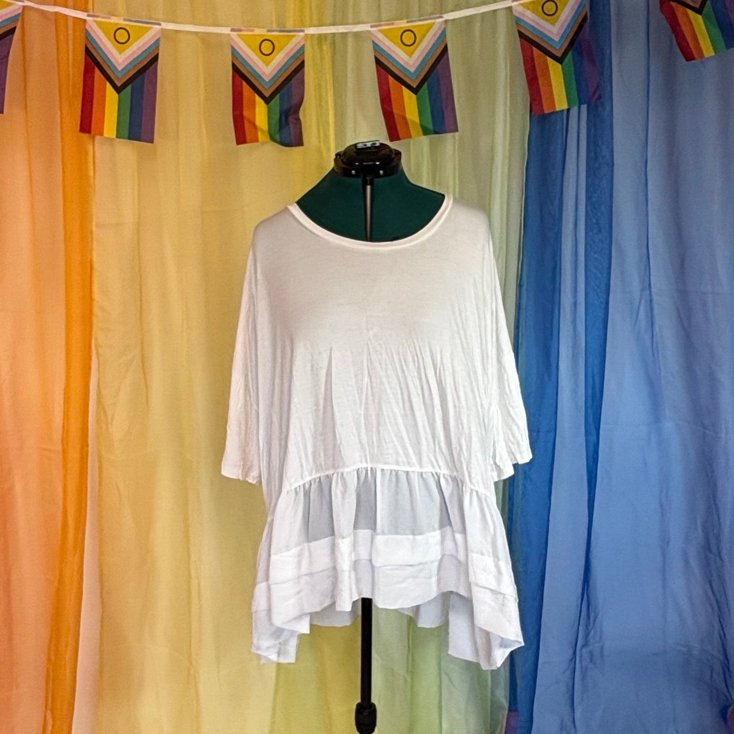 White Flowy Short Sleeve Top with Ruffle Hem