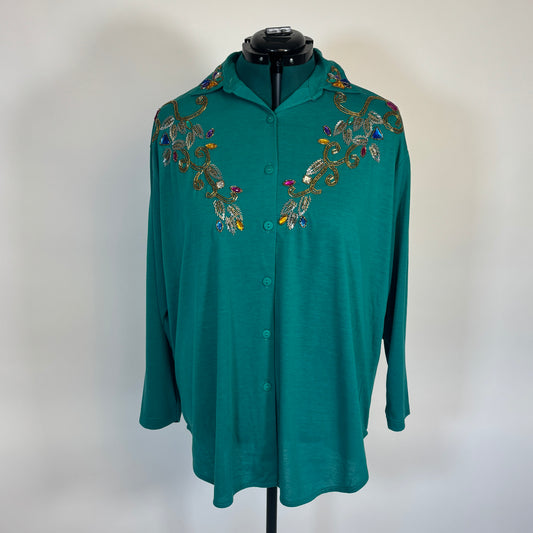Vintage Teal Button Down Top with Rhinestone and Beading Details