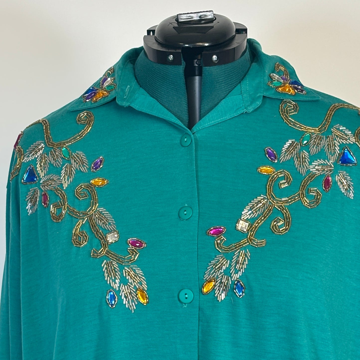 Vintage Teal Button Down Top with Rhinestone and Beading Details
