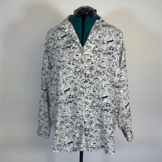 Vintage Le Caviar Black and White Face Print Long Sleeve Button Down