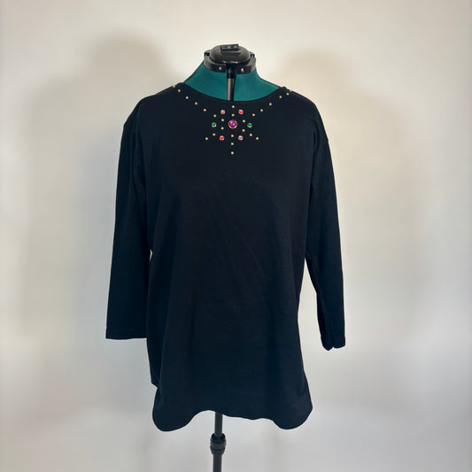 Vintage Black Sweatshirt with Gold and Multicolor Rhinestone Details