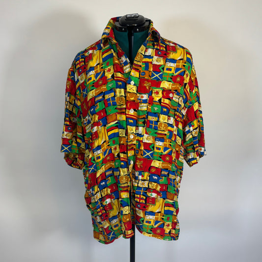 Vintage Men's Flag Print Short Sleeve Button Down