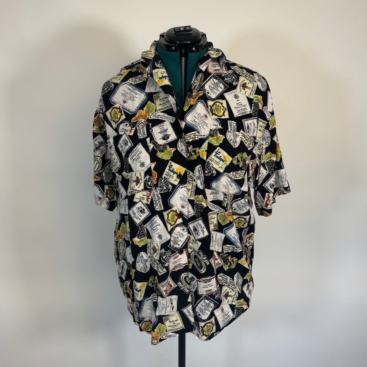 Vintage Wine Label Print Short Sleeve Button Up