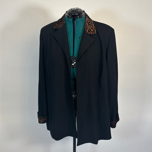Vintage Open Front Light Weight Black Blazer with Leopard Print Details