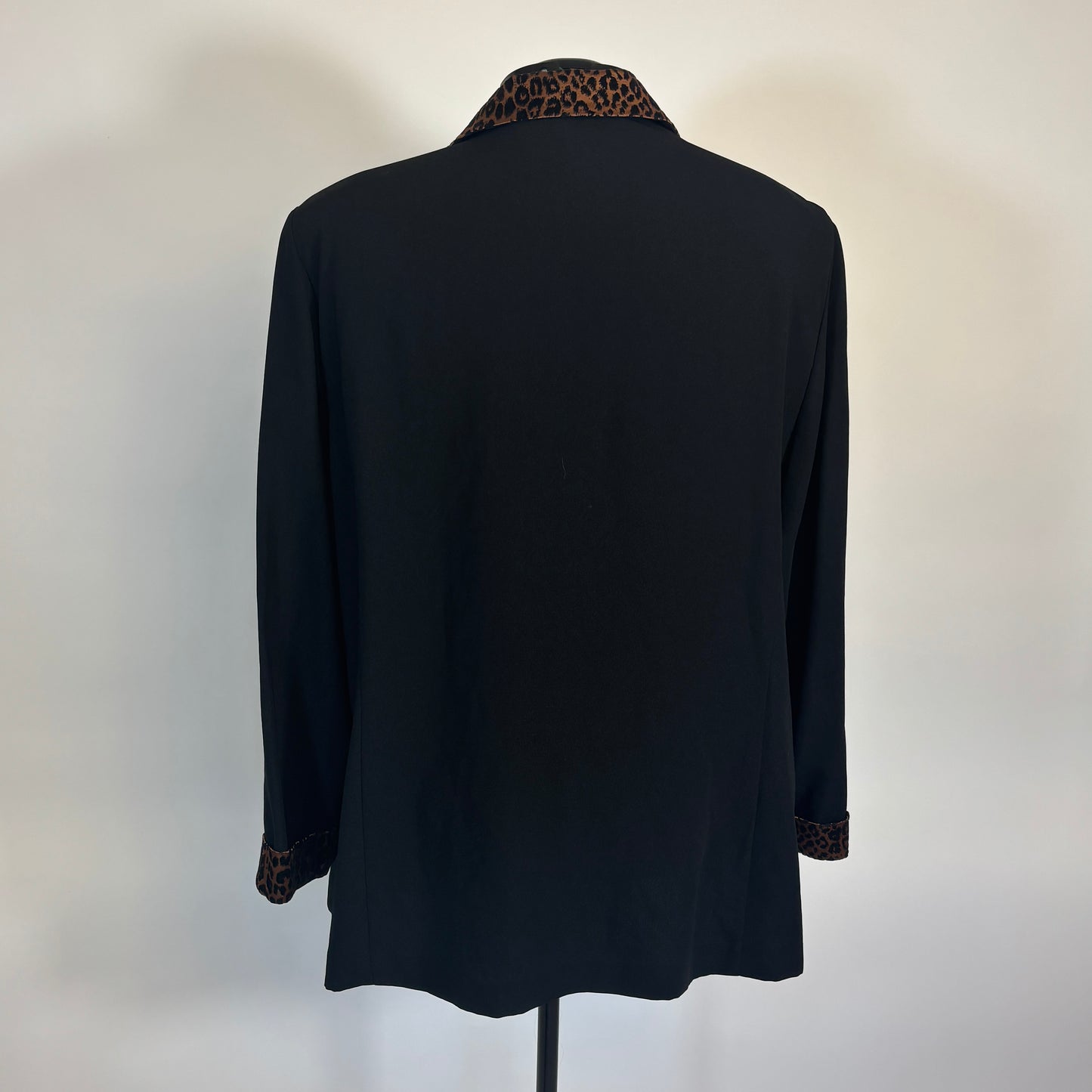 Vintage Open Front Light Weight Black Blazer with Leopard Print Details