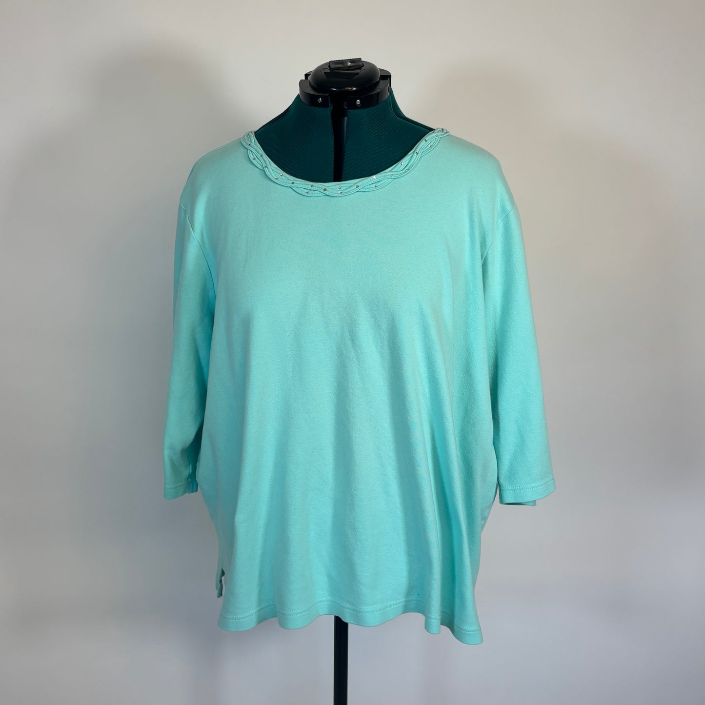 Vintage Mint Blue 3/4 Length Sleeve Top with Braided and Rhinestone Neckline