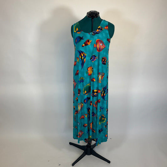Vintage Teal Fish Print Midi Dress