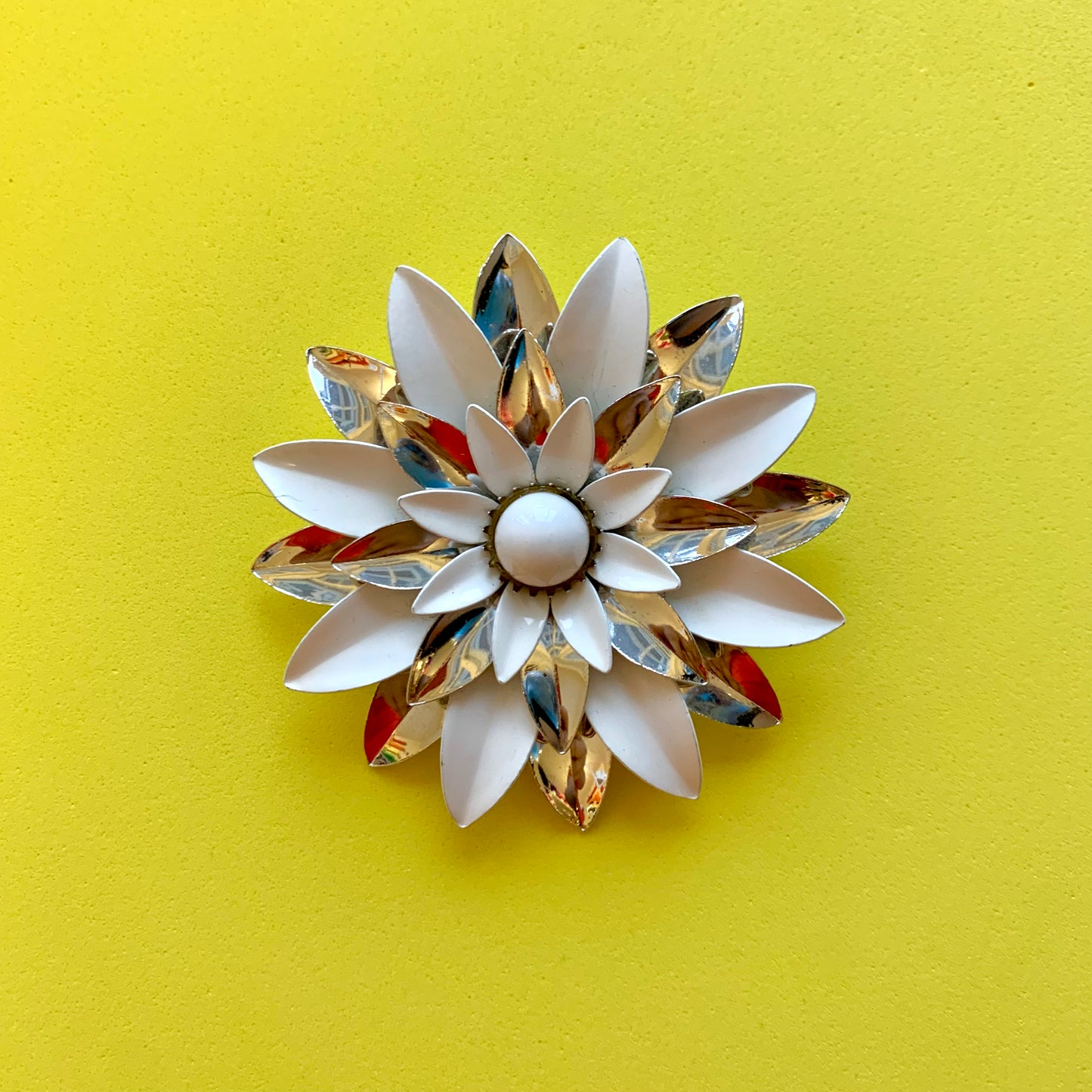 Vintage White Enamel and Silver-Toned Flower Brooch