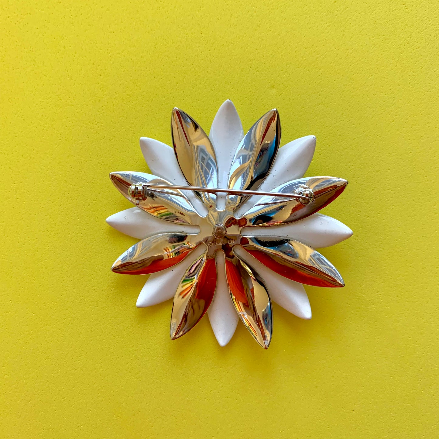 Vintage White Enamel and Silver-Toned Flower Brooch