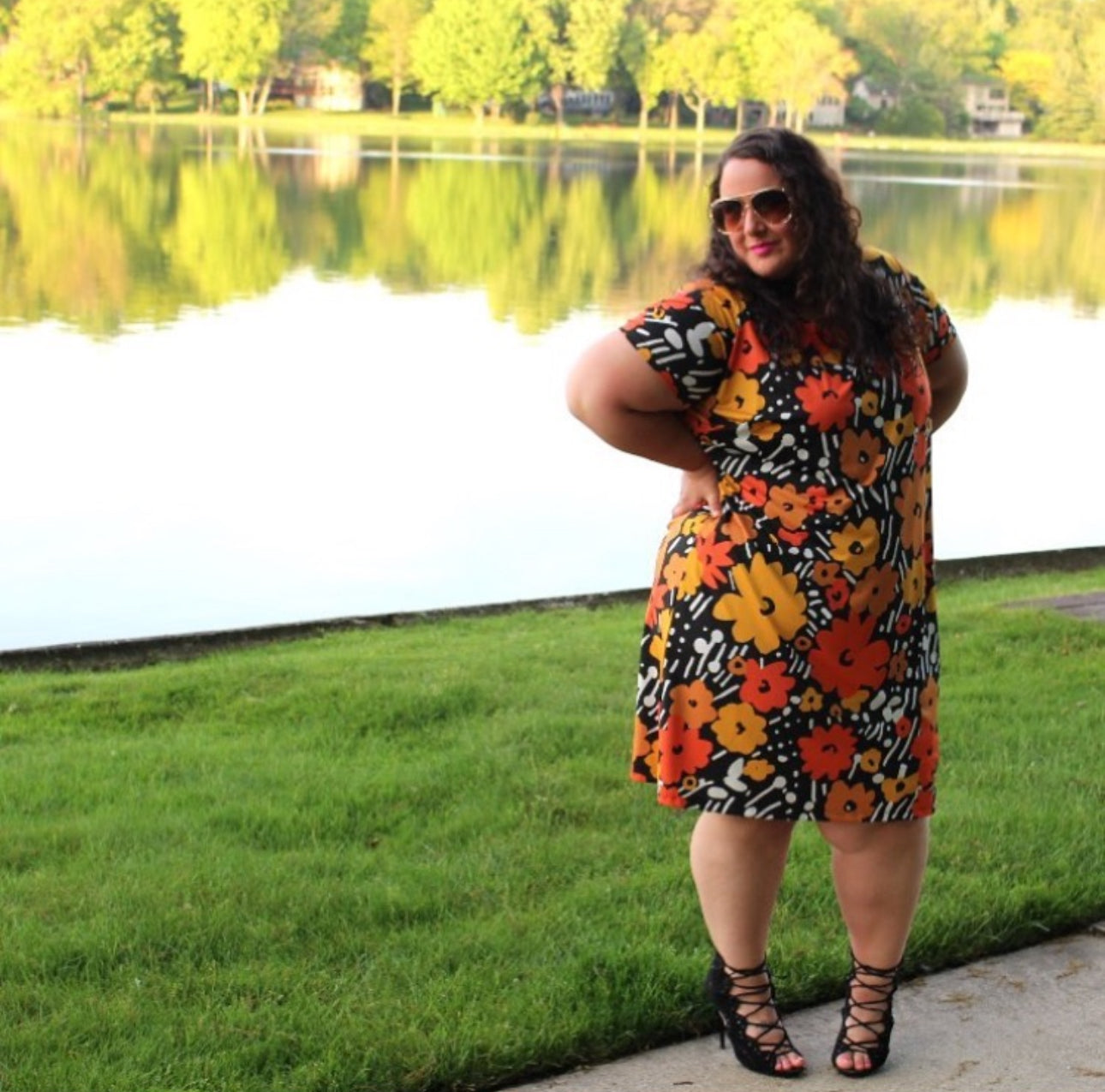 Orange Floral and Abstract Print Black Shift Dress