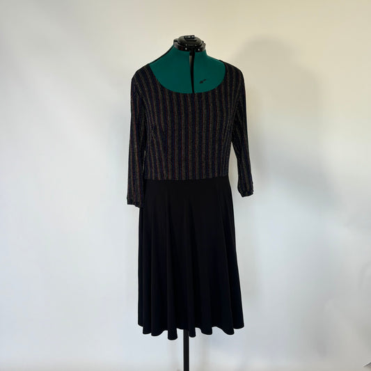 Vintage Black Fit and Flare Dress with Rainbow Metallic Stripes