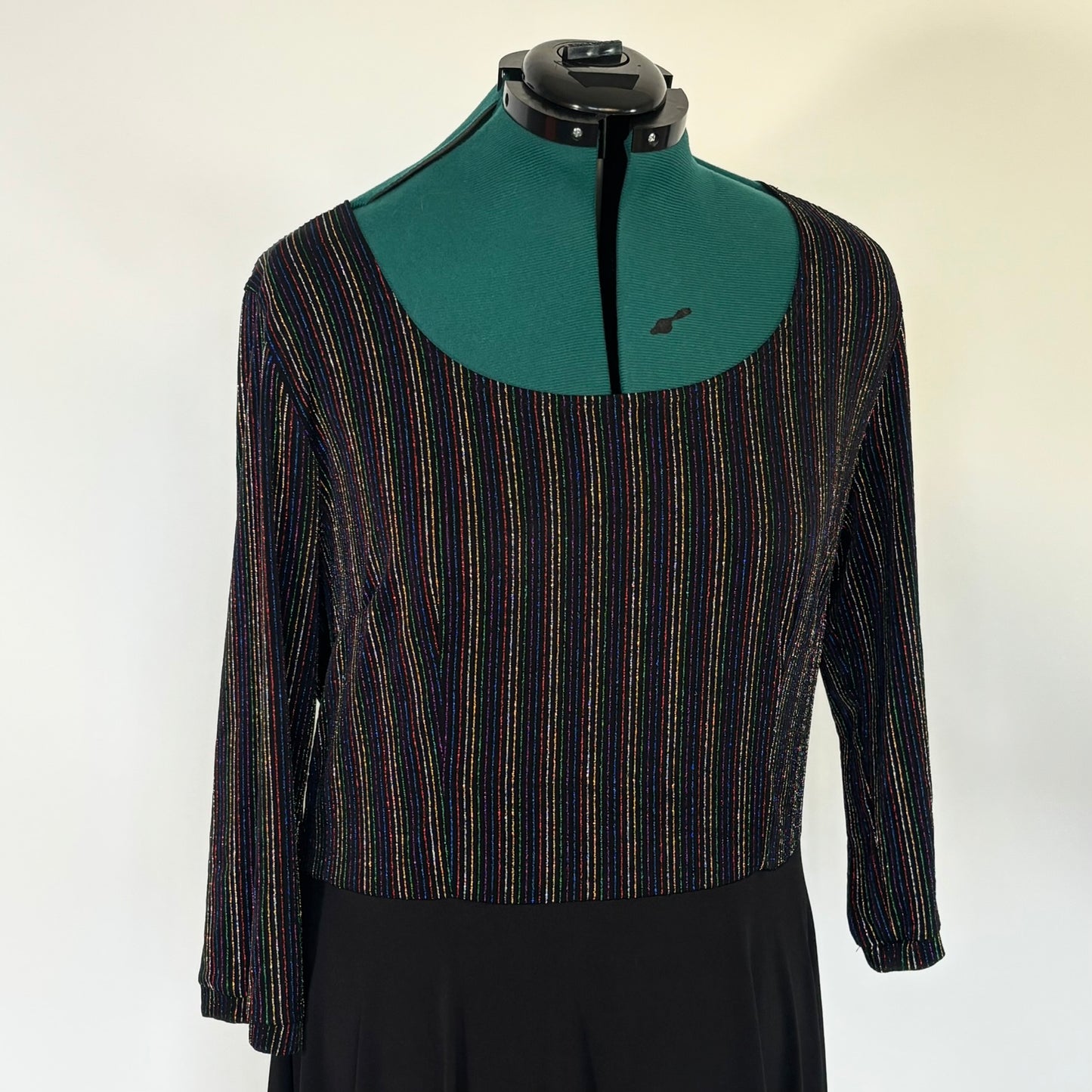Vintage Black Fit and Flare Dress with Rainbow Metallic Stripes
