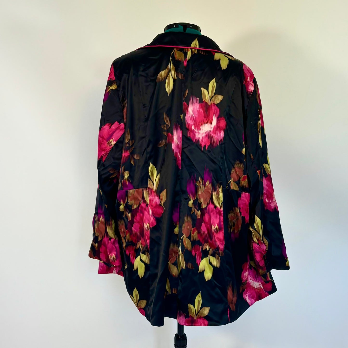 Torrid Black and Pink Floral Satin Open Front Blazer