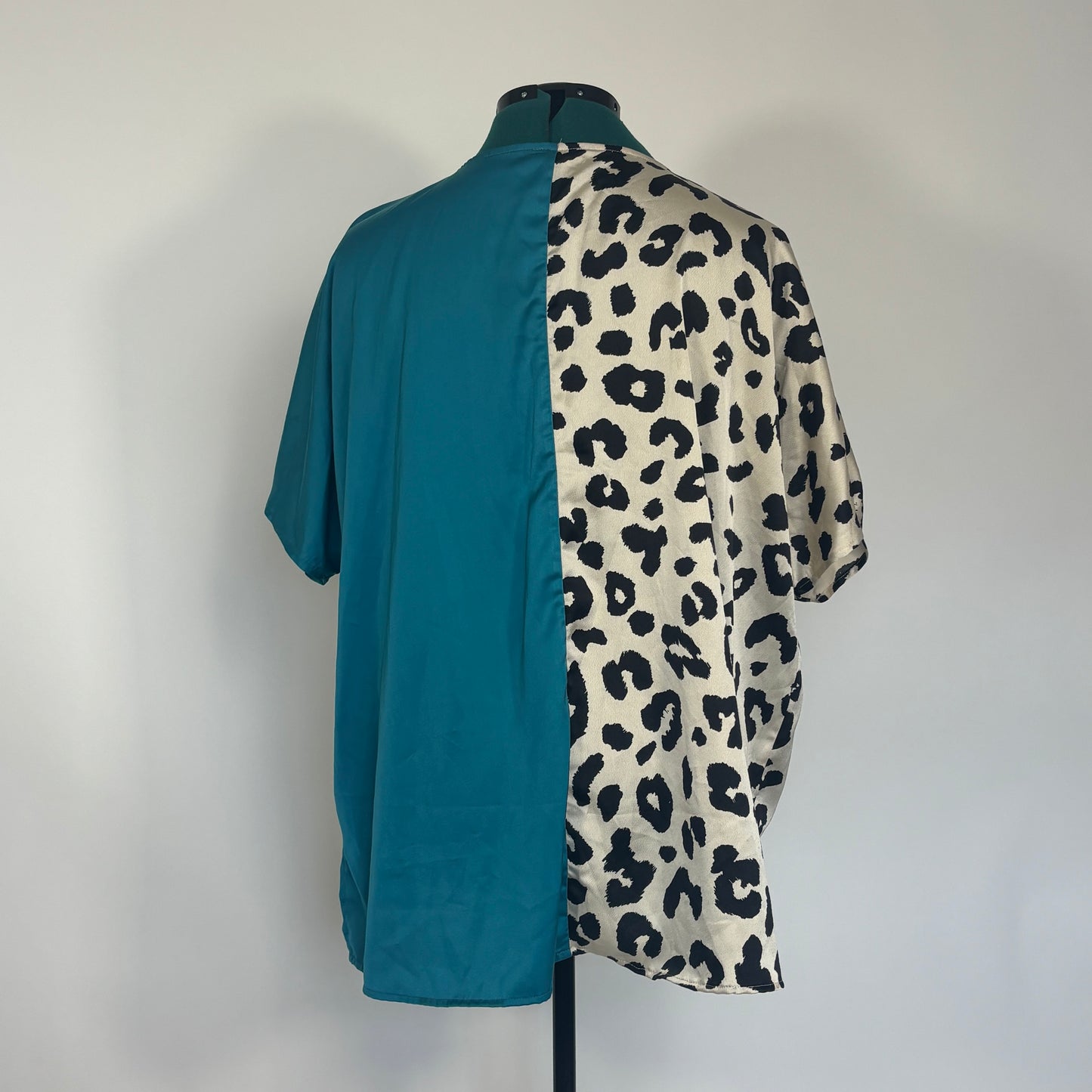 Teal and White Leopard Print Split V Neck Shirt