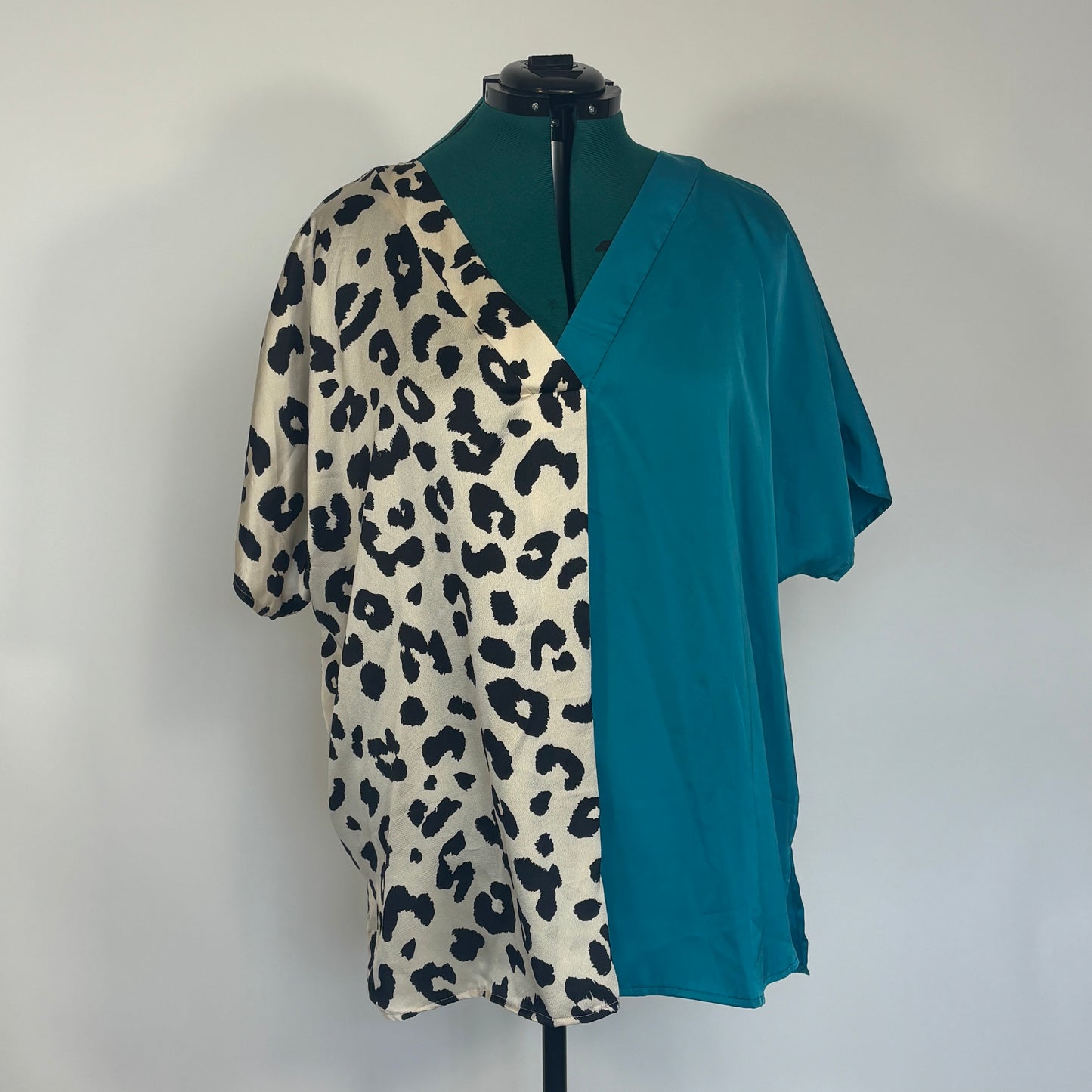 Teal and White Leopard Print Split V Neck Shirt