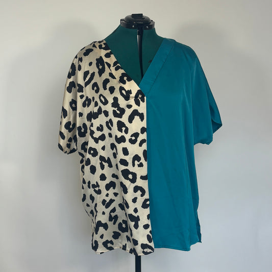 Teal and White Leopard Print Split V Neck Shirt