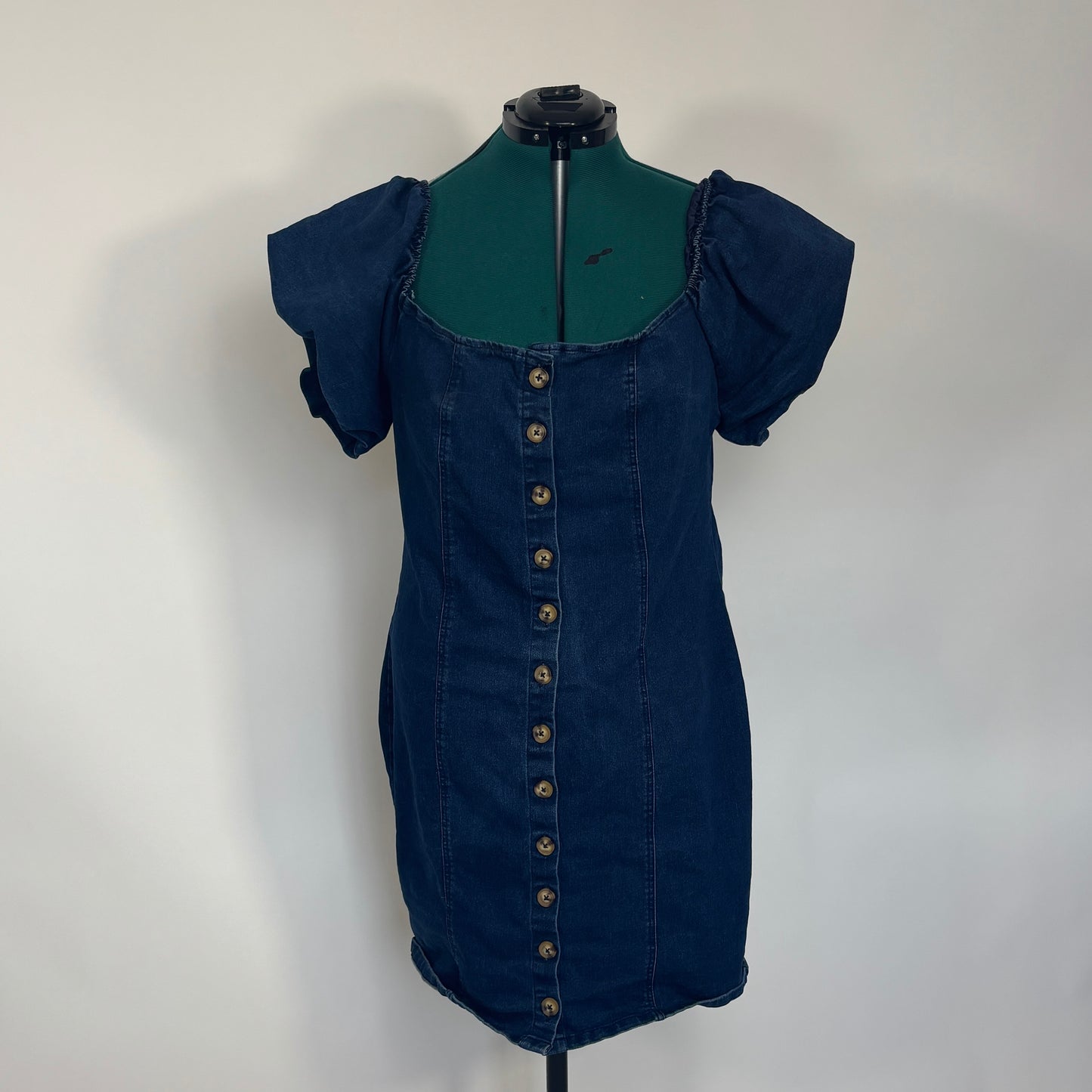 Denim Button Front Puff Sleeve Mini Dress