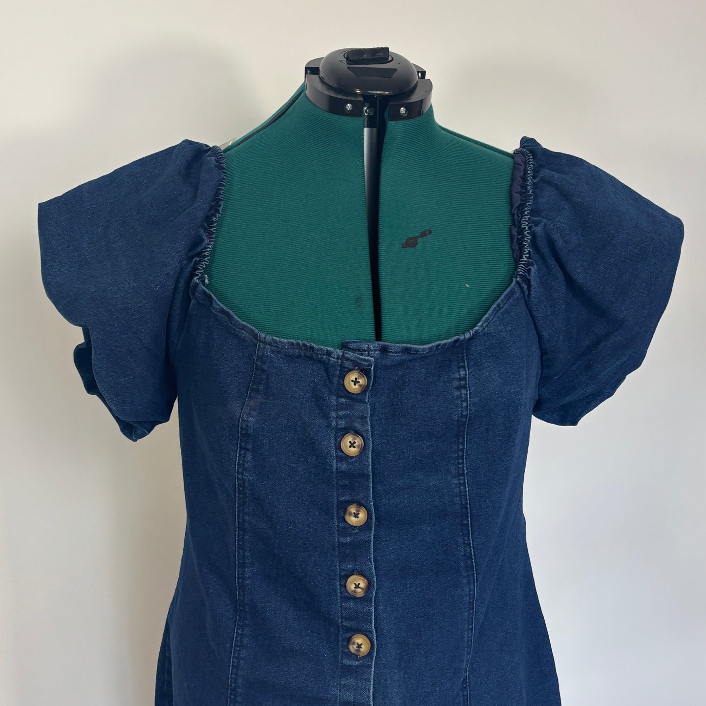 Denim Button Front Puff Sleeve Mini Dress