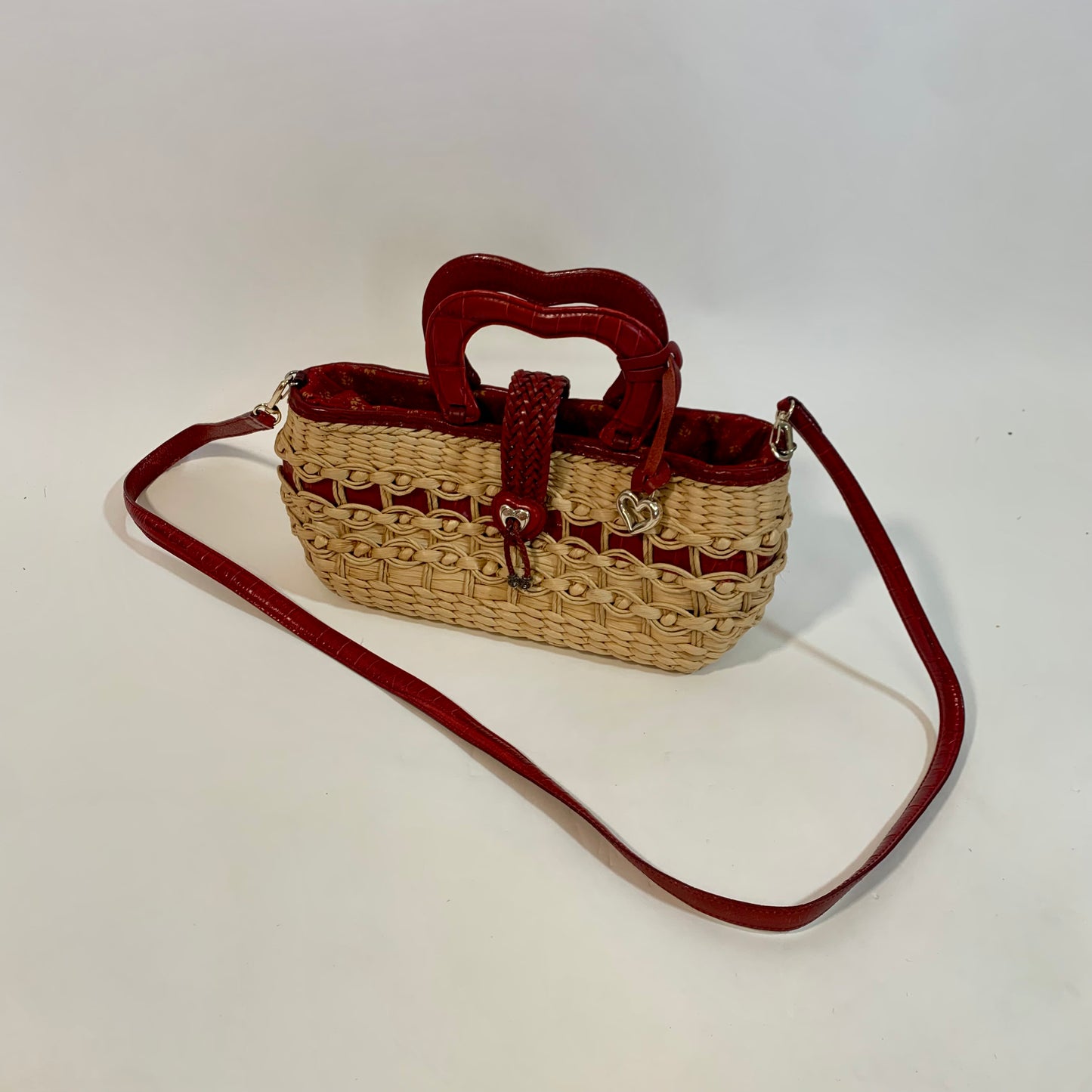 Brighton Vintage Red Leather Straw Satchel Tote with Crossbody Strap Purse