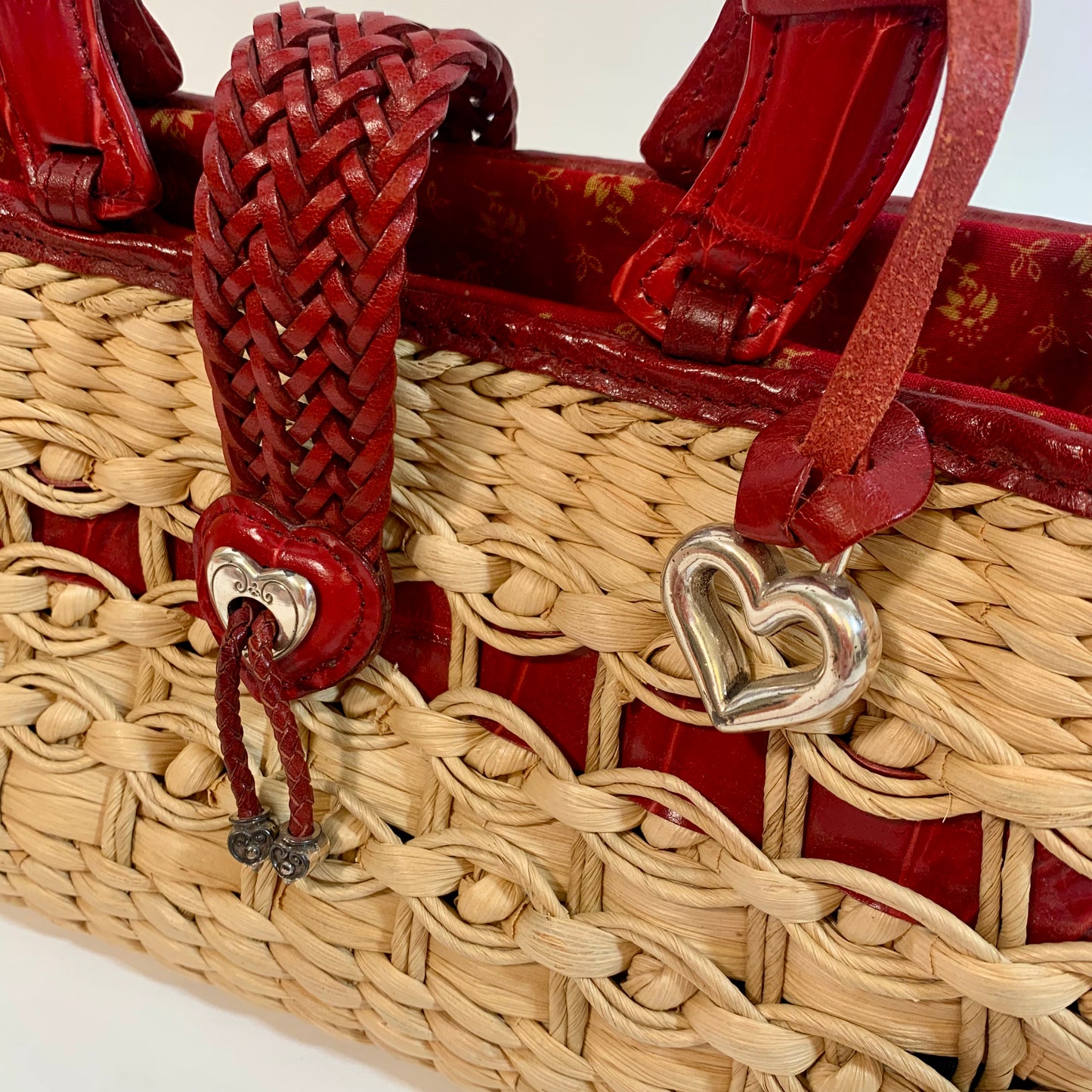 Brighton Vintage Red Leather Straw Satchel Tote with Crossbody Strap Purse