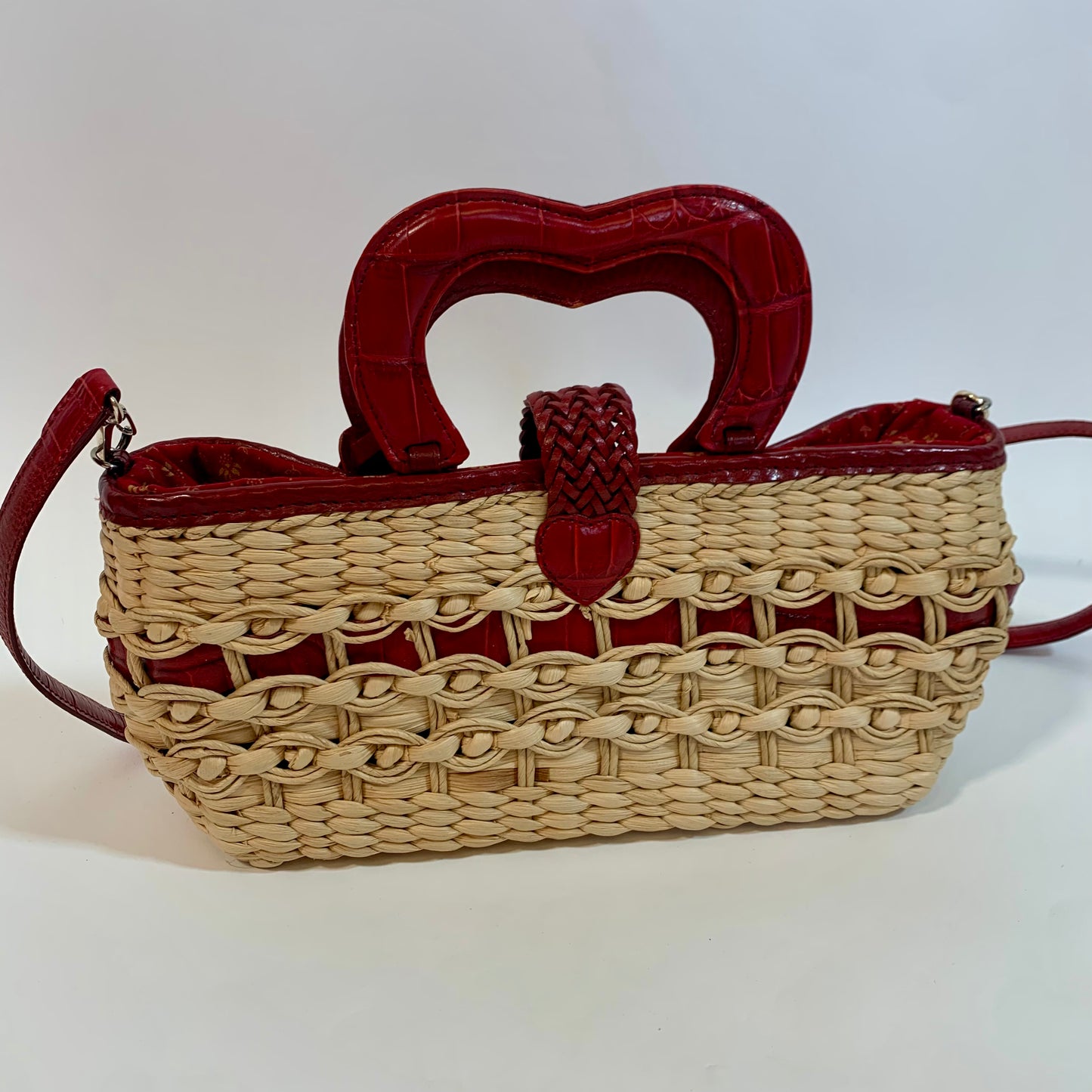 Brighton Vintage Red Leather Straw Satchel Tote with Crossbody Strap Purse