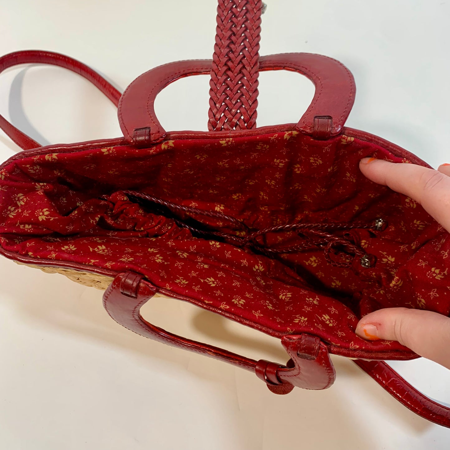 Brighton Vintage Red Leather Straw Satchel Tote with Crossbody Strap Purse