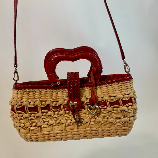 Brighton Vintage Red Leather Straw Satchel Tote with Crossbody Strap Purse
