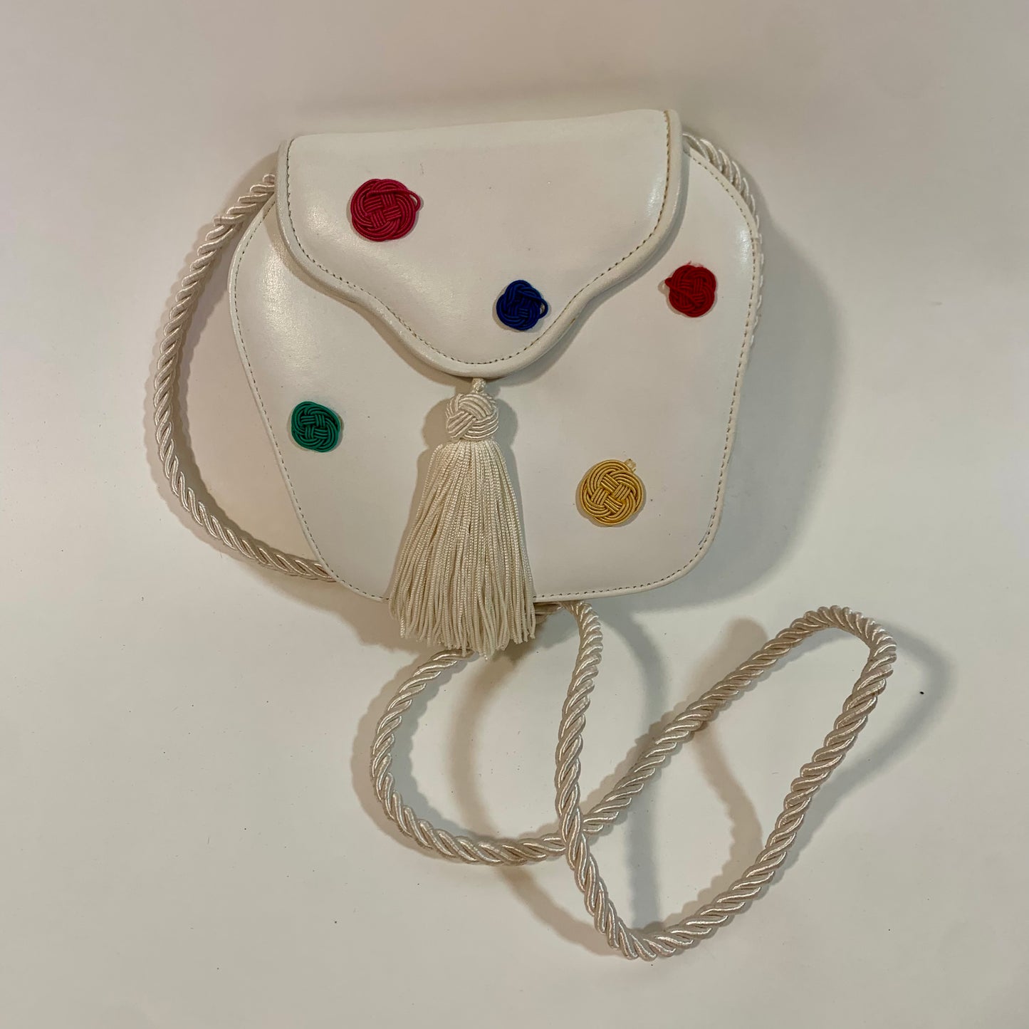 Susan Reade Vintage Crossbody White Leather Polka Dot Purse