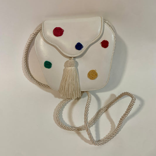 Susan Reade Vintage Crossbody White Leather Polka Dot Purse