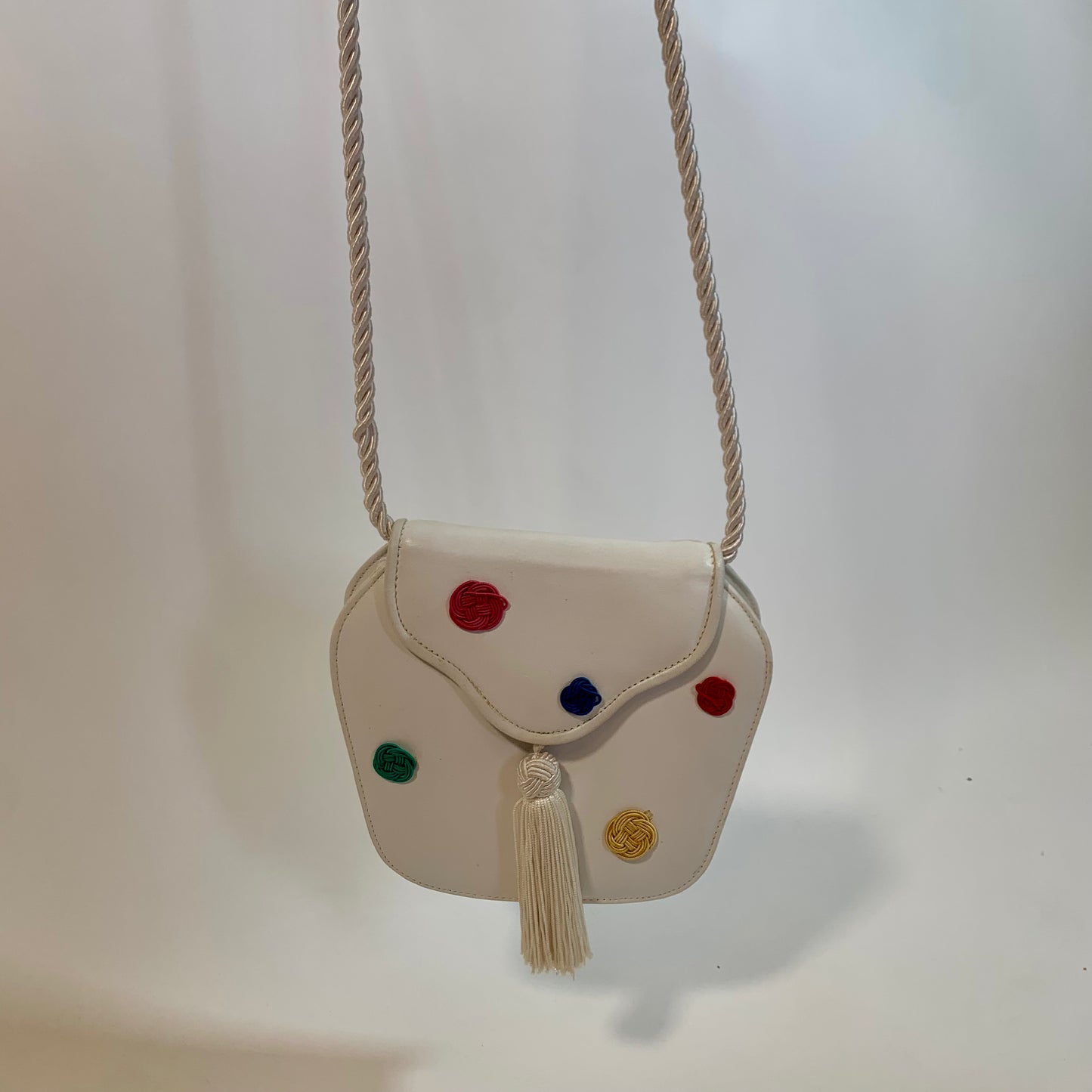 Susan Reade Vintage Crossbody White Leather Polka Dot Purse
