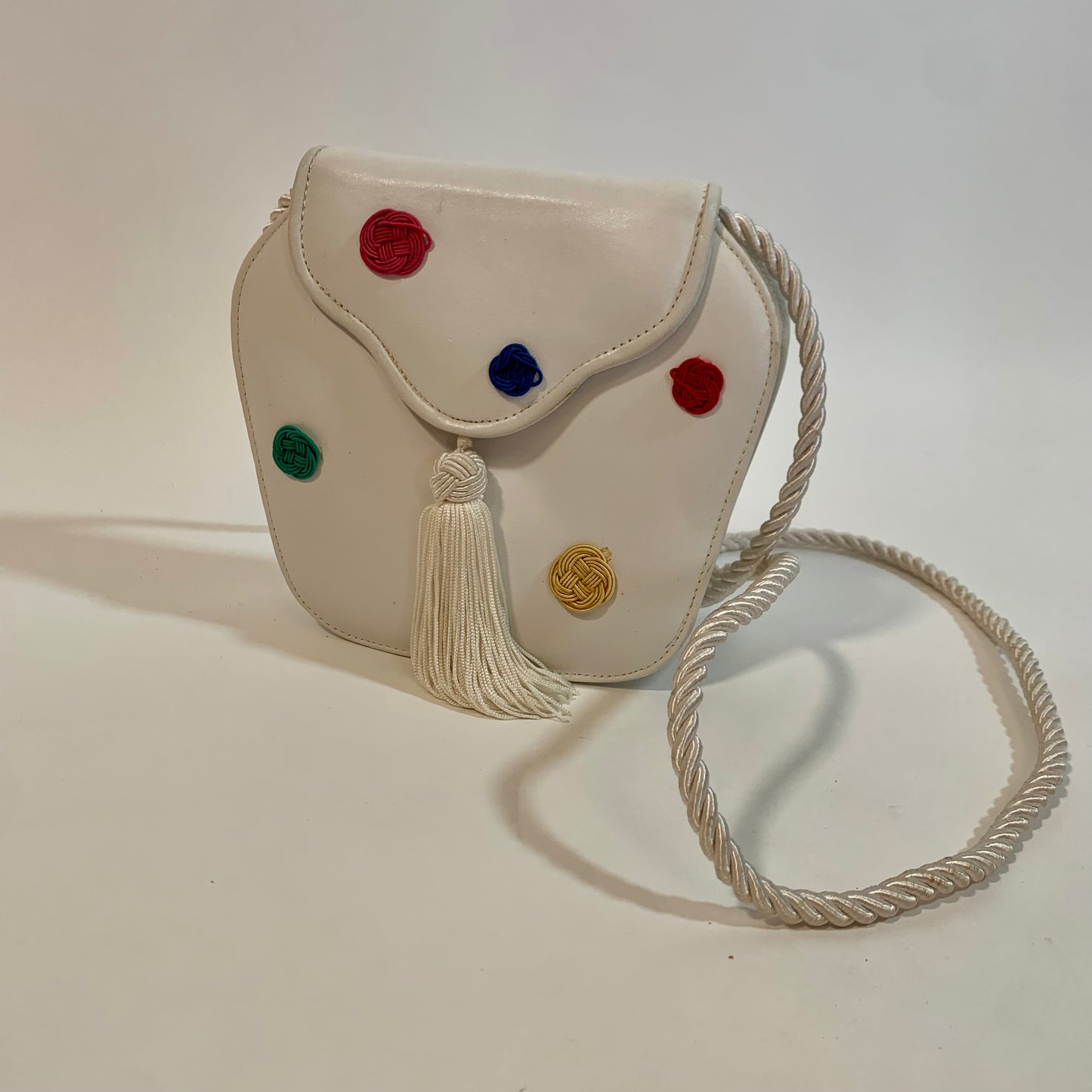 Susan Reade Vintage Crossbody White Leather Polka Dot Purse