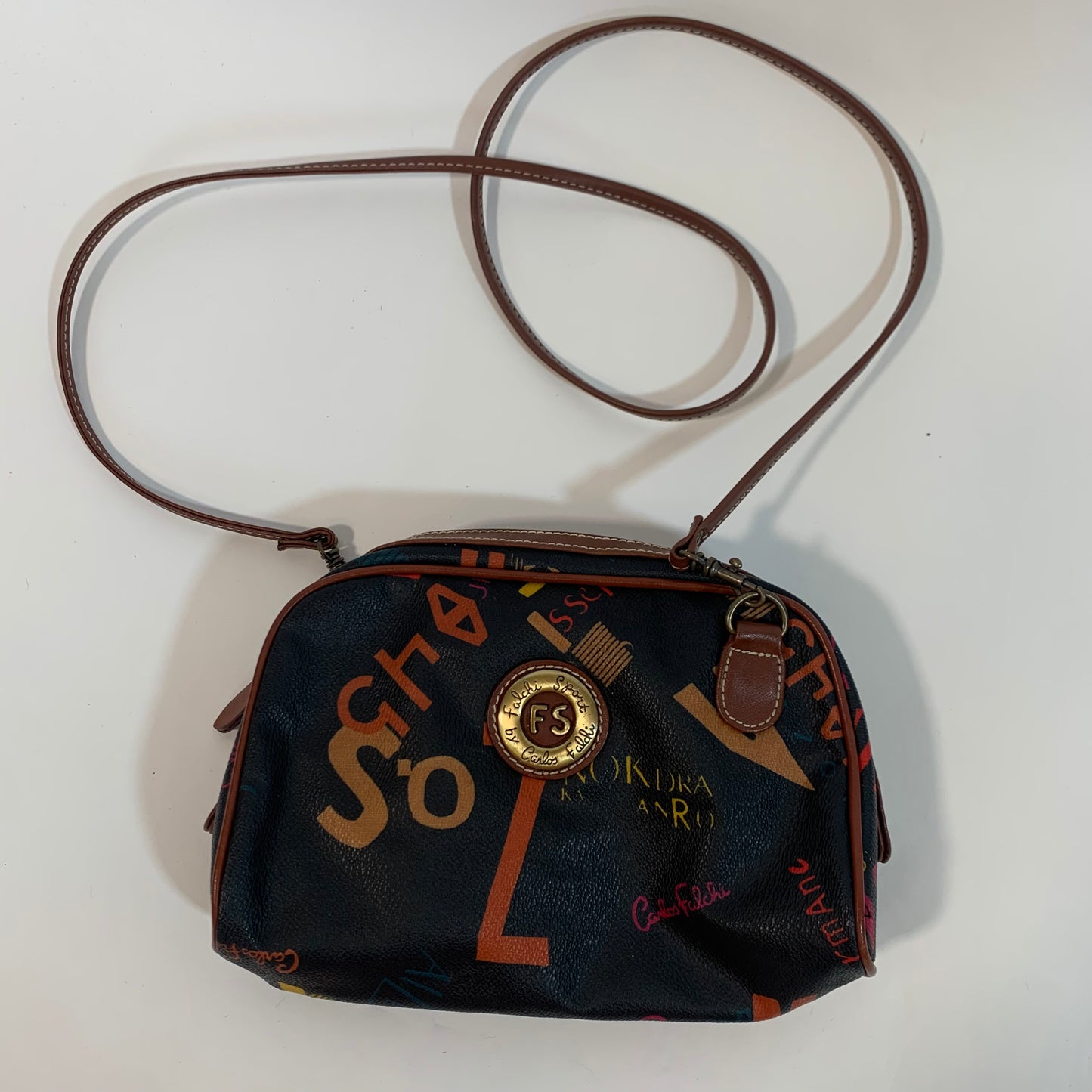 Carlos Falchi Vintage Sport Black Red Grafitti Print Crossbody Bag