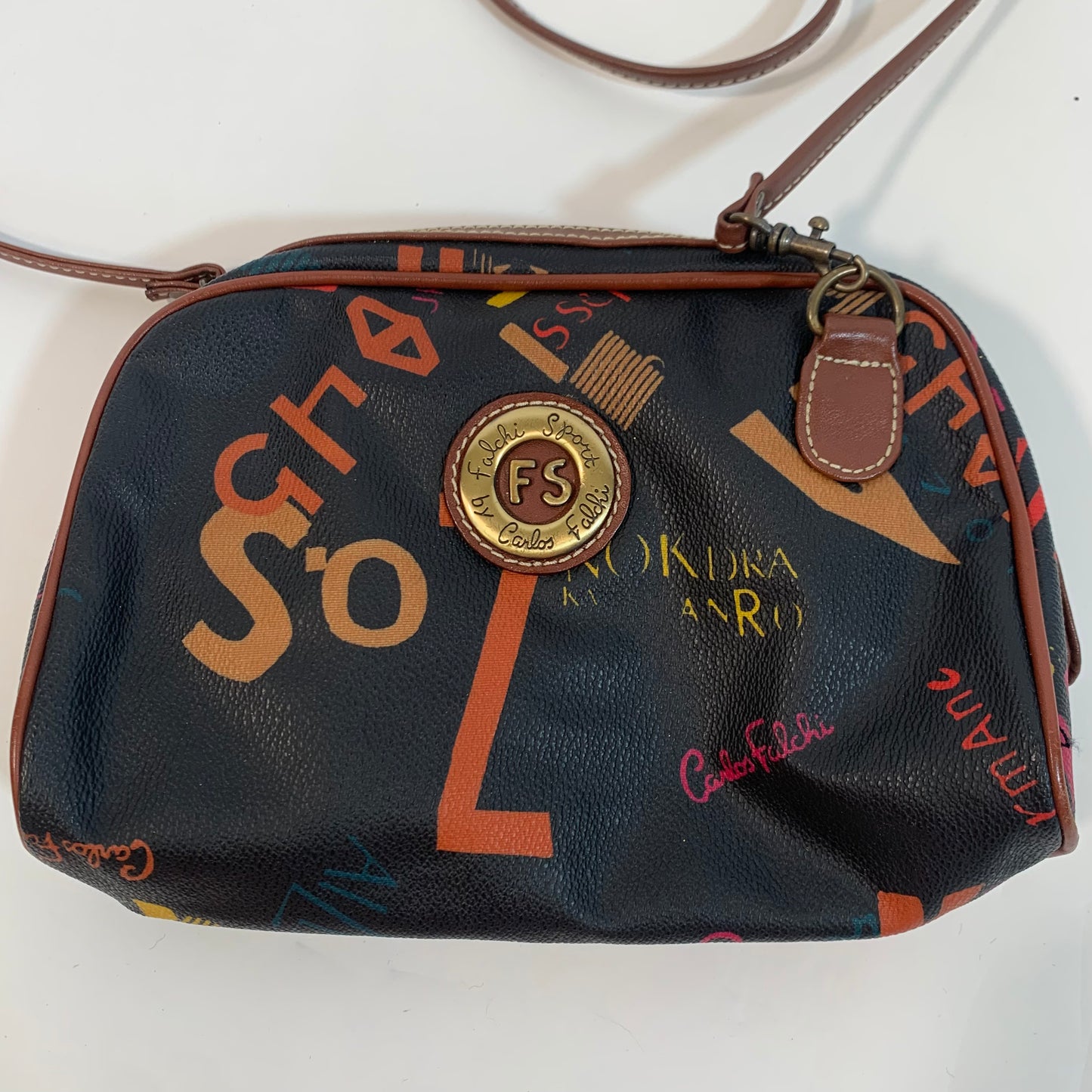 Carlos Falchi Vintage Sport Black Red Grafitti Print Crossbody Bag