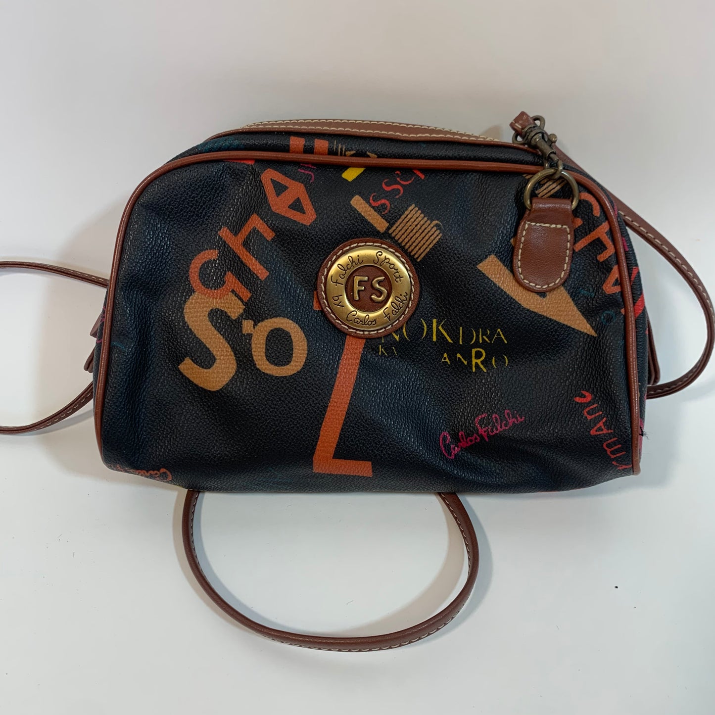 Carlos Falchi Vintage Sport Black Red Grafitti Print Crossbody Bag