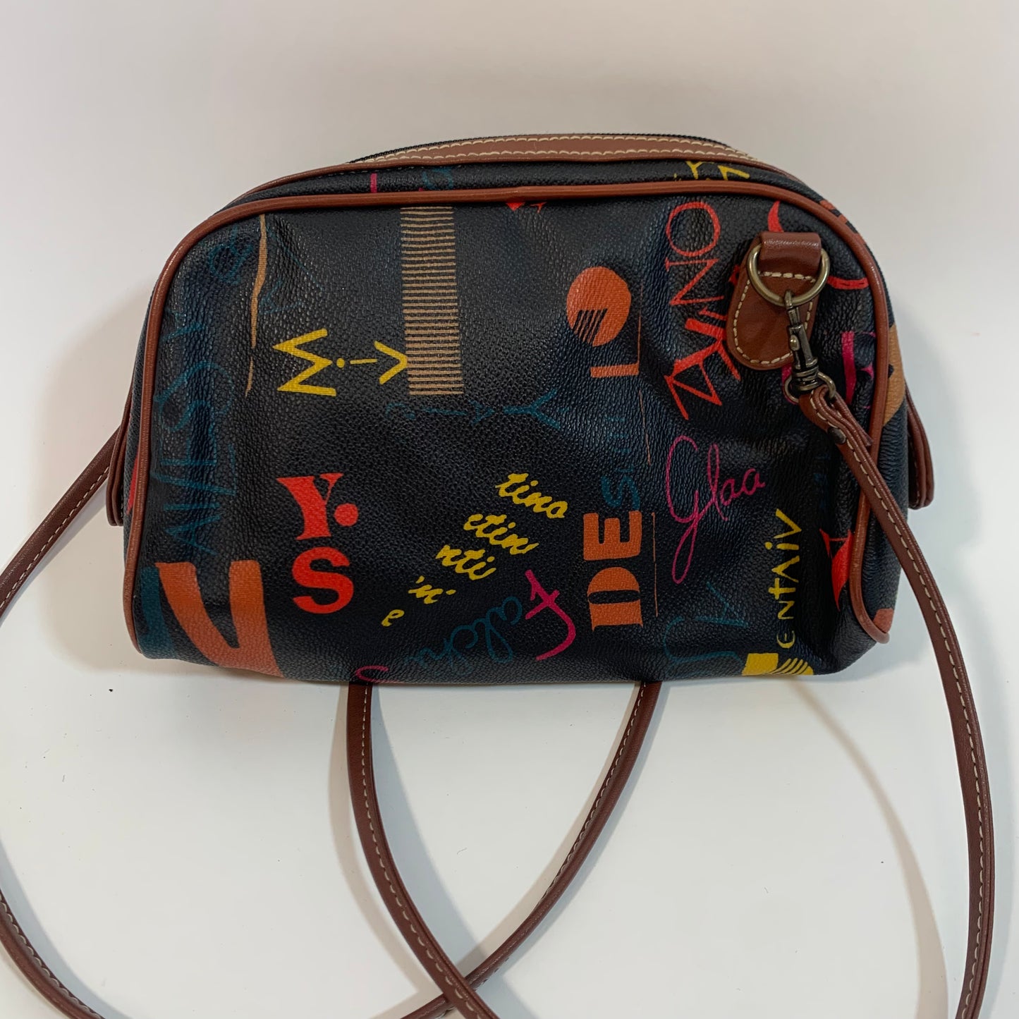 Carlos Falchi Vintage Sport Black Red Grafitti Print Crossbody Bag