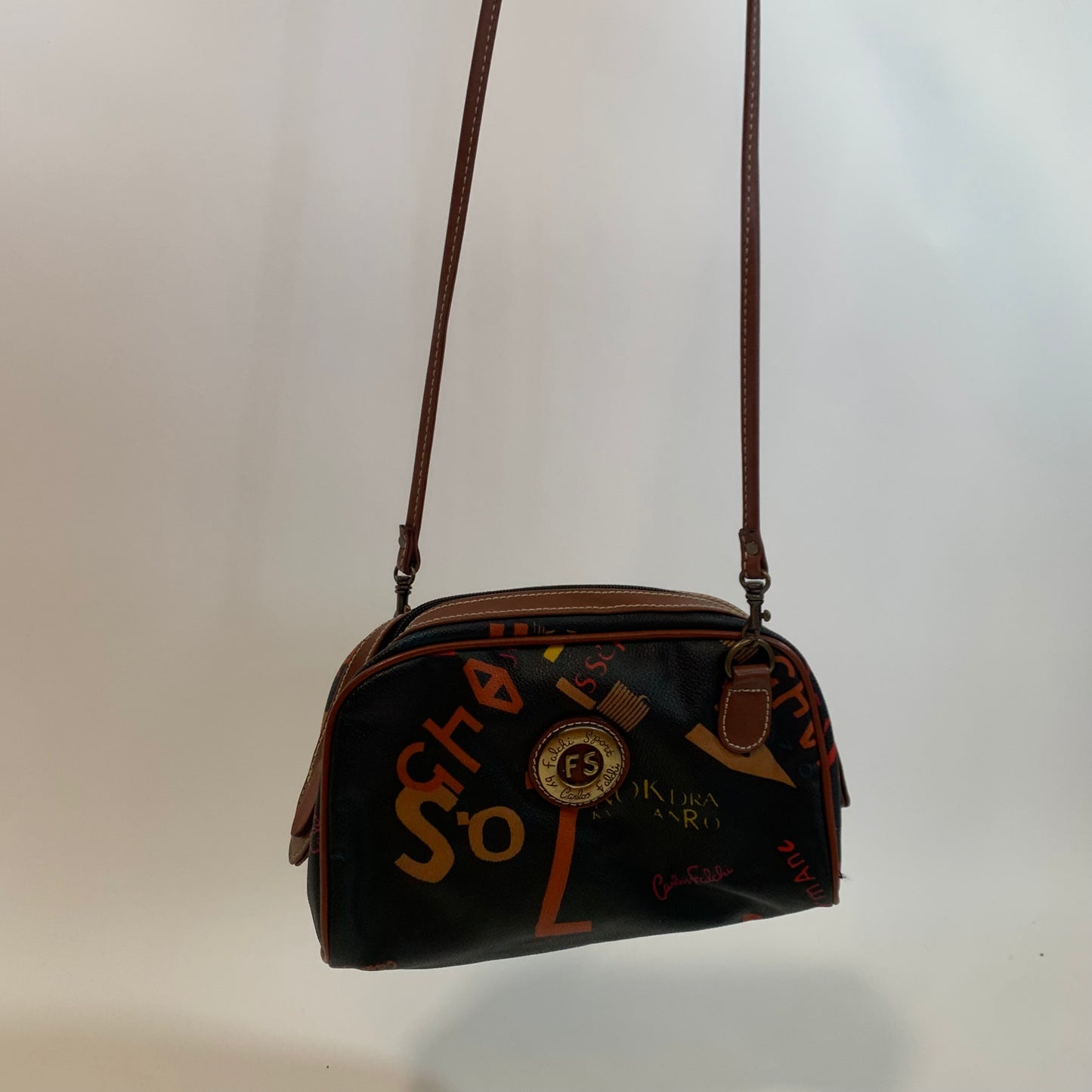 Carlos Falchi Vintage Sport Black Red Grafitti Print Crossbody Bag