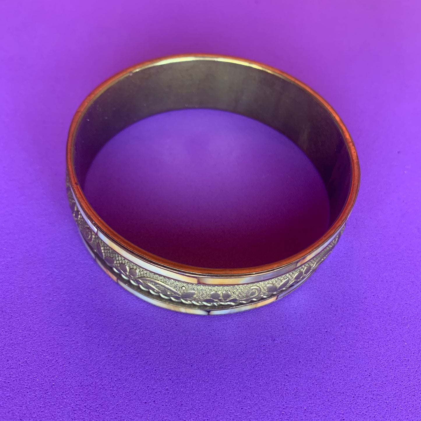 Vintage 70s Brass and Mother of Pearl Bangle Bracelet