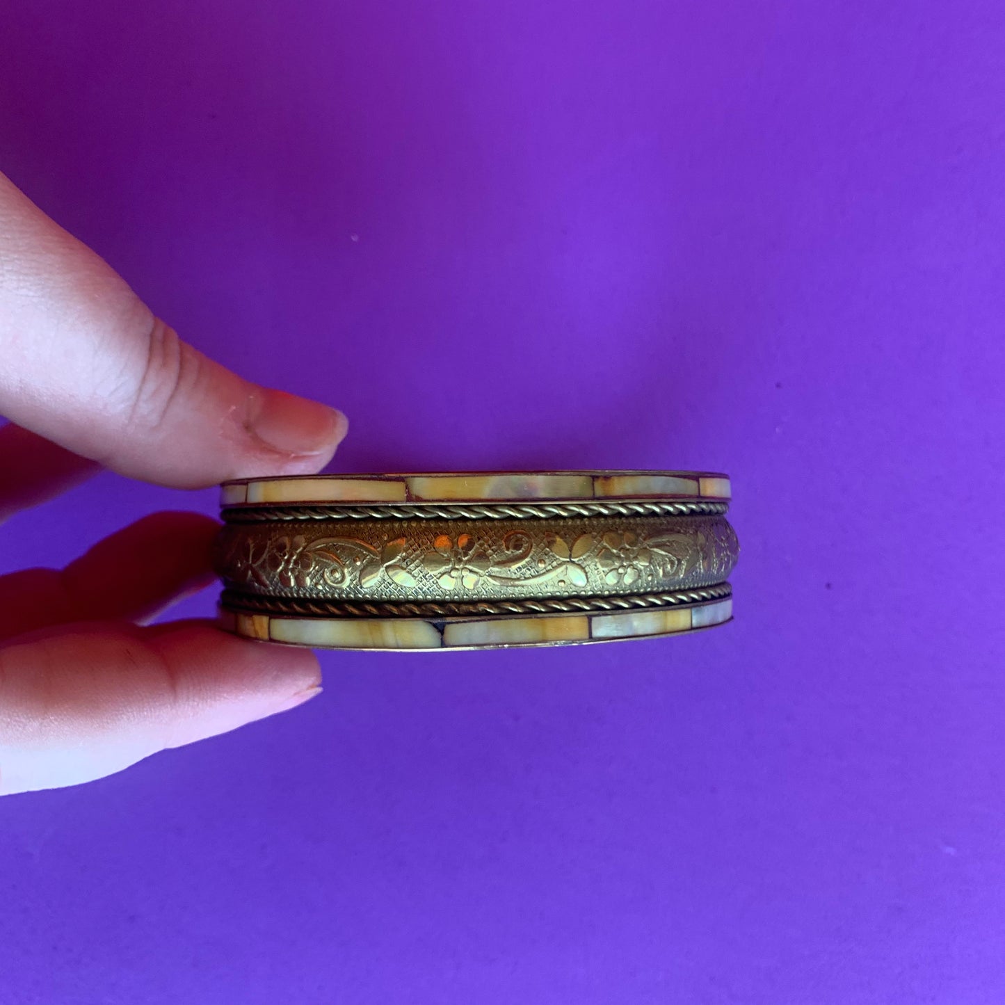Vintage 70s Brass and Mother of Pearl Bangle Bracelet