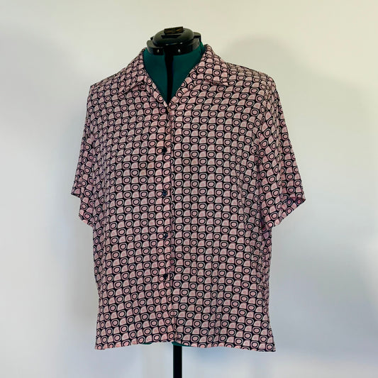 Vintage VOIR Pink and Black Geometric Print Short Sleeve Button Up