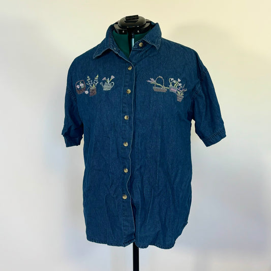 Vintage Short Sleeve Denim Button Up with Garden Embroidery