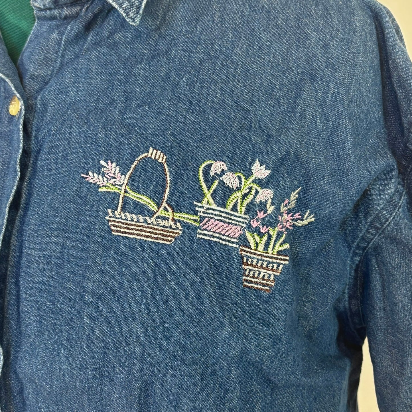 Vintage Short Sleeve Denim Button Up with Garden Embroidery
