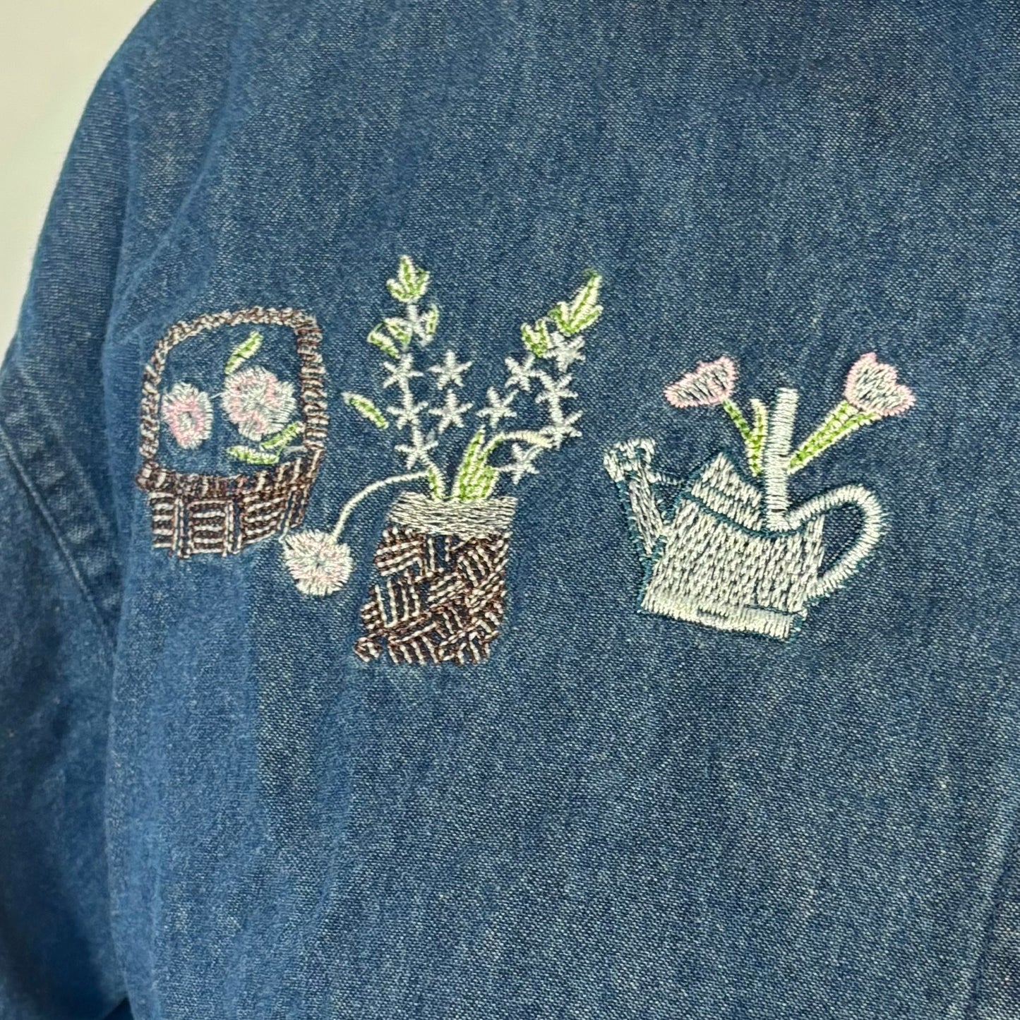 Vintage Short Sleeve Denim Button Up with Garden Embroidery